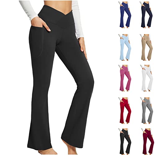 Women Yoga Flared Pants Plain High Waist Long Sports Trousers Ladies  Bell-Bottom Workout Pants 