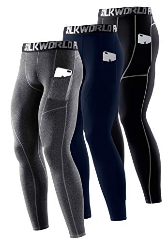SILKWORLD Men's 1 3 Pack Compression Pants Pockets Cool Dry Gym Leggings  Baselayer Running Tights A2_dark Navy Blue black(grey Stripe) hemp  Gray(3p/Ord) Large