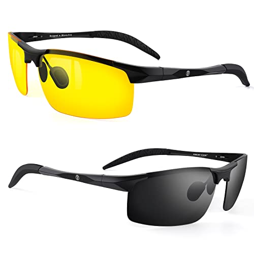 BLUPOND Set of 2 HD Day and Night Driving Glasses - Polarized Sunglasses  and Yellow Night Vision