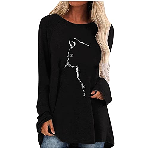 Fashion Top Loose Long Women T-Shirt Pullover Print Sleeve Cat,Outlet Deals  Overstock Clearance, for Pets,Today's Deals of The Day Prime,My Recent  Orders Black