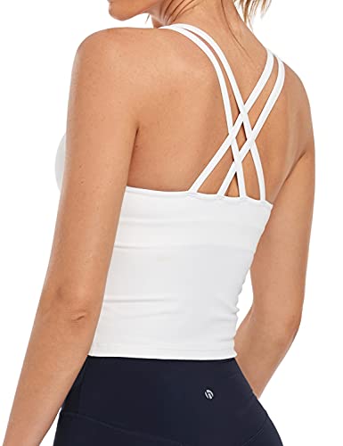 HeyNuts Longline Zeal Bras Medium Impact Wirefree Sports Bras Workout Tank  Tops with Removable Pads, A-D Cups Medium White