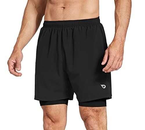 BALEAF Men's 2 in 1 Athletic Running Shorts 5 Quick Dry Lined Workout  Shorts with Zipper Pocket Black/Black Medium