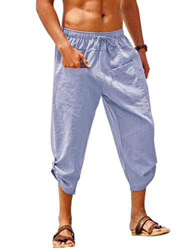 COOFANDY Men's Linen Harem Capri Pants Elastic Waist Casual Baggy