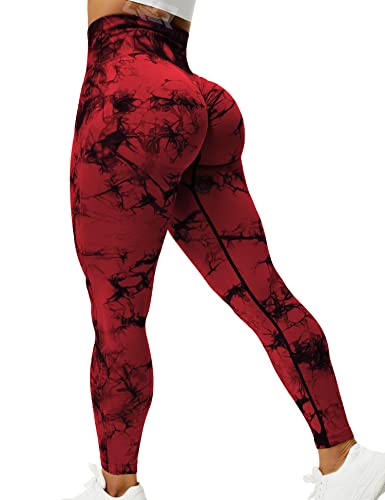 QOQ Womens High Waisted Seamless Workout Leggings Butt Lifting Gym Yoga  Pants Booty Scrunch Vital Tummy Control Ruched Tights #0 Tie Dye Scrunch  Red Medium