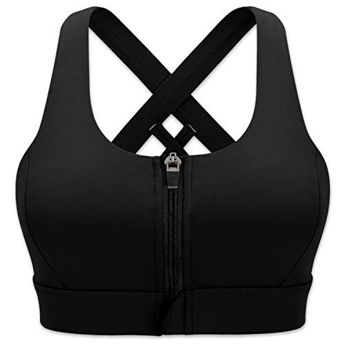 Cordaw Zipper in Front Sports Bra High Impact Strappy Back Support Workout  Top 1-zipper Black Medium