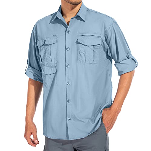 Men's Sun Protection Hiking Fishing Safari Shirt Long Sleeve Outdoor Cool Quick  Dry Cargo Shirts Blue