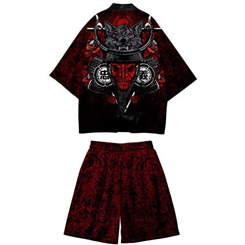 Fashion Chinese Style Print Men Kimono Cardigan Set Plus Size Male