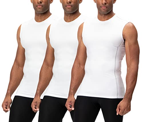 DEVOPS 3 Pack Men's Athletic Compression Shirts Sleeveless Large 0# (3 Pack)  White / White / White(gray)