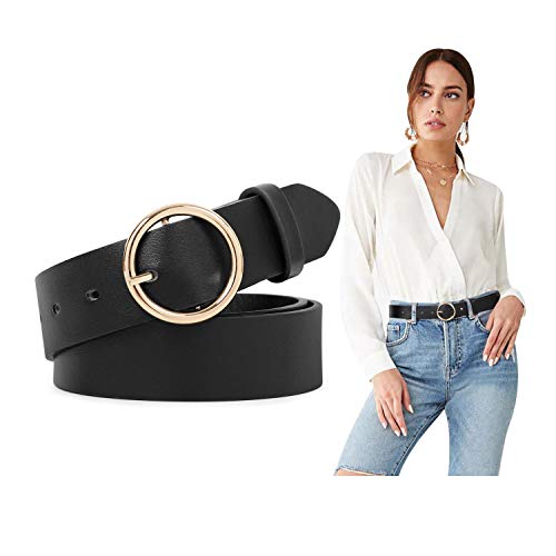 SUOSDEY Women Leather Belts Fashion Soft Faux Leather Jeans Belts with  O-Ring Buckle A. Black (Gold Buckle) S: fit pants size 25-29