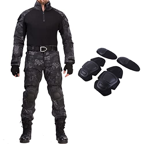 HANWILD Men's Military Uniform Tactical Suit Combat Shirts and Pants BDU  Airsoft Paintball Clothing with Knee Pads Black Python X-Large