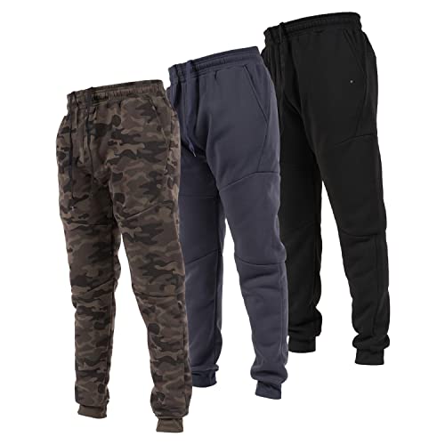 Ultra Performance 3 Pack Fleece Active Tech Joggers for Men Mens Sweatpants  with Zipper Pockets Green Camo / Charcoal / Black X-Large