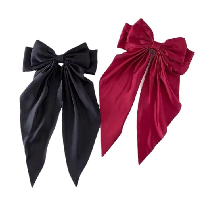 Red and Black Hair Bows for Women - 2Pcs Silkly Satin Hair Ribbon Bow with  Metal Clips Hair Accessories for Girls