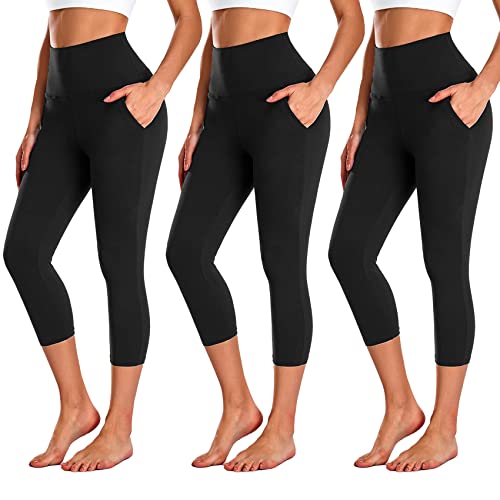NEW YOUNG 3 Pack Capri Leggings for Women with Pockets-High Waisted Tummy  Control Black Workout Gym Yoga Pants Capri Large-X-Large Black/Black/Black