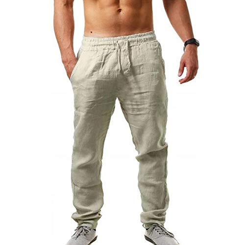 Men\'s Casual Long Pants Linen Pants - Loose Lightweight Casual Trousers  Summer Yoga Beach Trousers Large Khaki
