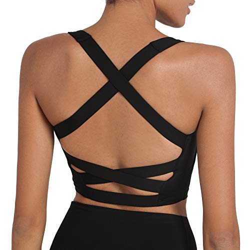 romansong Strappy Yoga Sports Bras for Women Padded Criss-Cross Back Tank  Tops Black Medium