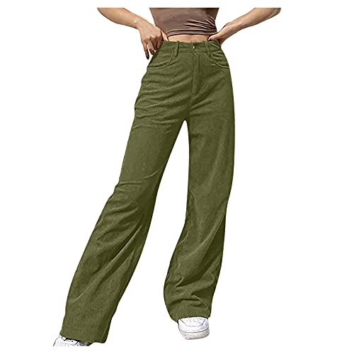 Corduroy Pants for Women, Women's Pants High Waist Corduroy Solid Pants  Vintage Y2K Straight Leg Baggy Trousers Large A-green