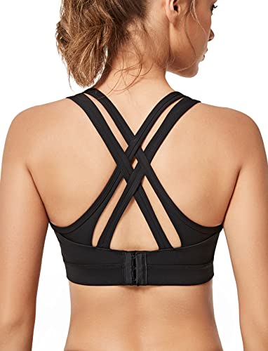 Yvette Women High Impact Sports Bras Criss Cross Back Sexy Running Bra for Plus  Size Black + Double Thin Strap + High Impact X-Large Plus