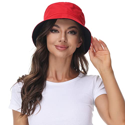 Women Reversible Bucket Hat Summer Beach hat Outdoor Cap Black-red