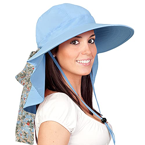 Solaris Women's Sun Hats Neck Flap Large Brim UV Protection Foldable Fishing  Hiking Cap Blue