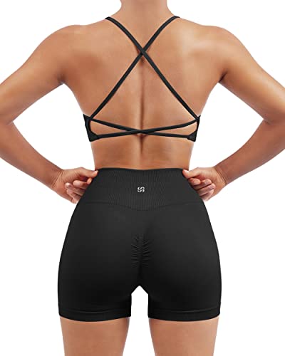 SUUKSESS Women Seamless Workout Sets Strappy Sports Bra High Waist Booty  Shorts Outfits 2-4 #1