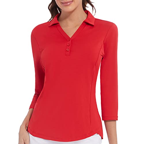 Women's Polo Shirt 3/4 Long Sleeve Golf Quick Dry T Shirts UPF 50+ Athletic  Casual Work Shirts Tops for Women Large 3/4 Sleeve-red