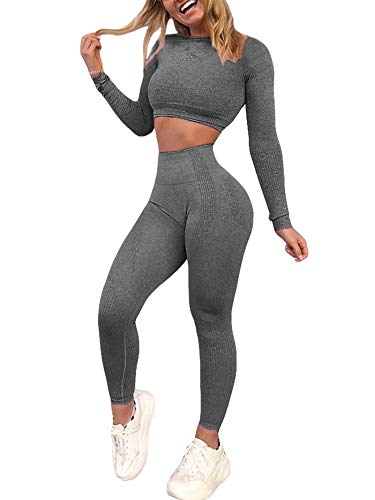 YOFIT Women's Workout Outfit 2 Pieces Seamless High Waist Yoga Leggings  with Long Sleeve Crop Top Gym Clothes Set Medium 01b Dotted Pattern - Grey