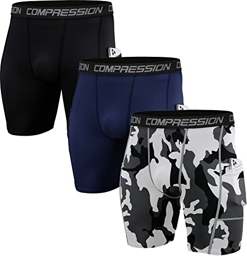 Holure Men's Performance Compression Shorts Athletic Running Underwear (3  or 4 or 5 Pack) 3 Pack:black/Navy/Camo White Large
