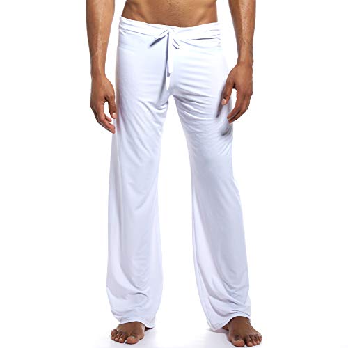 K-Men Mens Ice Silk Long Yoga Pant Low Rise Elastic Drawstring Sleep Bottom  White Medium