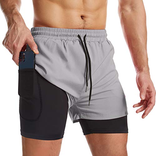 Surenow Mens 2 in 1 Running Shorts Quick Dry Athletic Shorts with Liner, Workout  Shorts with