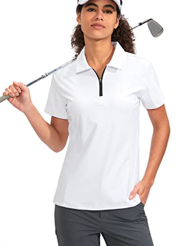 Viodia Women's Golf Shirt Short Sleeve with Zip Up Quick Dry Stretch Tennis  Collared Polo Shirts for Women Golf Clothes Large White