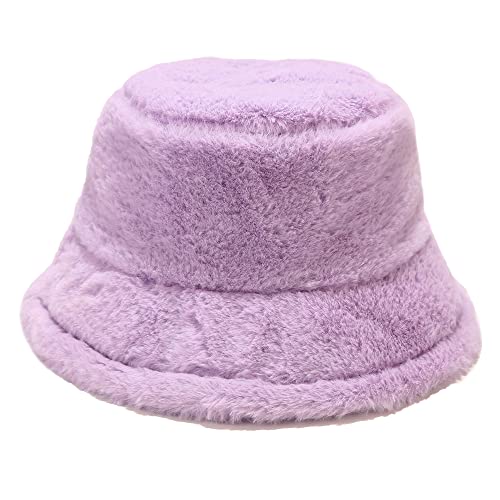 Umeepar Winter Faux Fur Bucket Hat Fluffy Warm Hat for Women Men Light  Violet