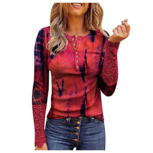 Long Sleeve Shirts for Women, Womens Long Sleeve Tops Stretch Henley Lace  Tunic Blouse Slim Fit Button Up Ribbed T-Shirts Top Large Red