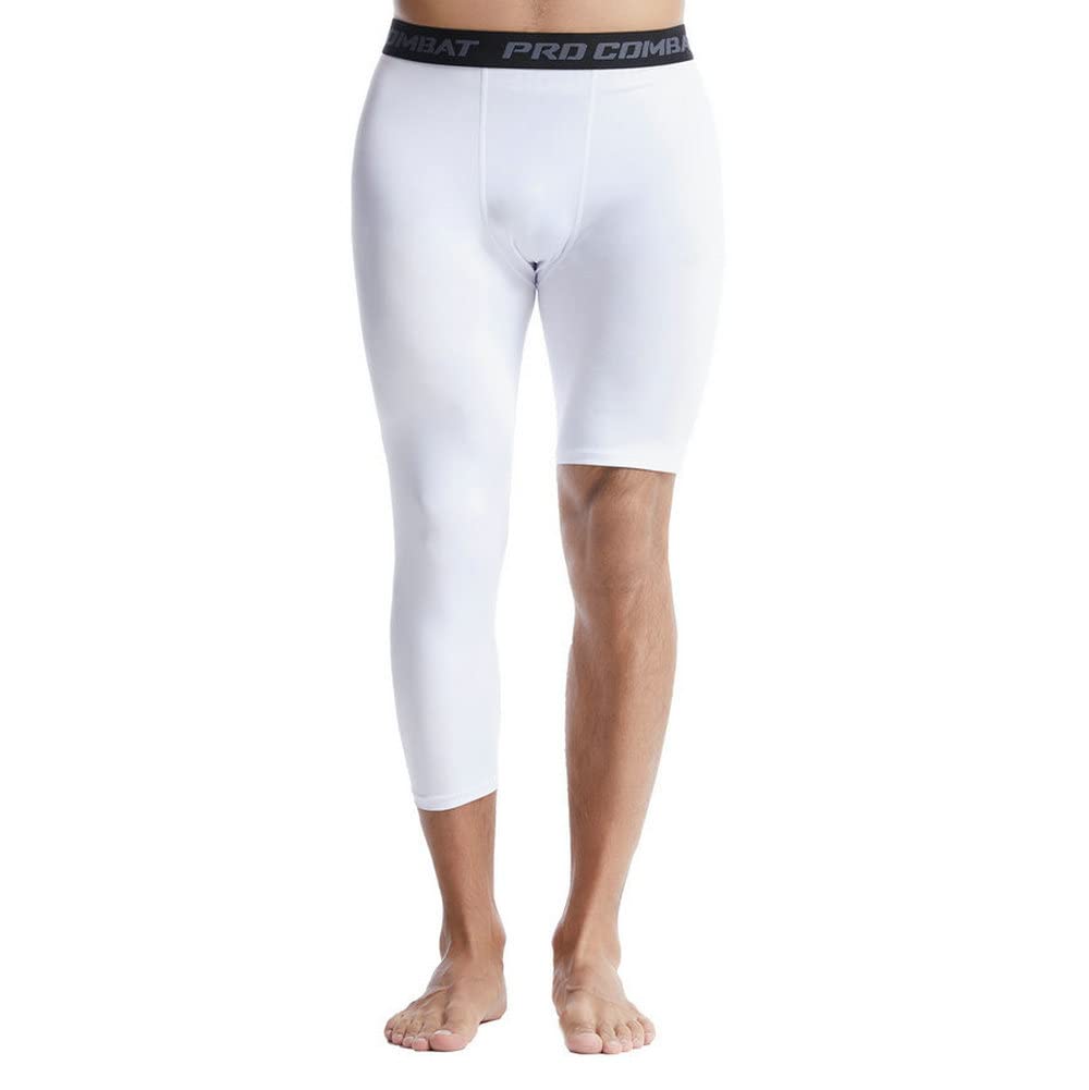 The New Men's Basketball Single Leg Tight Sports Pants 3/4 One Leg  Compression Pants Athletic Base Layer Underwear Small White-1