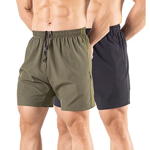 Gaglg Men's 5 Running Shorts 2 Pack Quick Dry Athletic Workout Gym Shorts  with Zipper Pockets Medium Black/Green