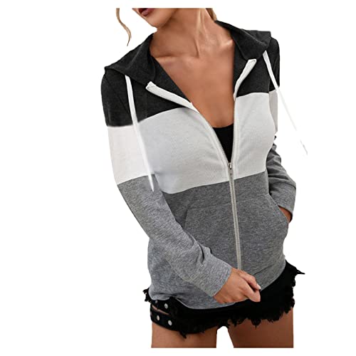 Fall Hoodies for Women Color Block Hooded Sweatshirt Basic Zip-Up Jersey  Jacket Long Sleeve Top with Pockets Zip-Front Hoodie Small Gray