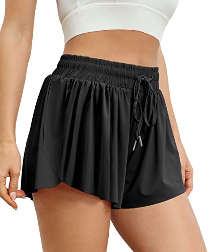 THE GYM PEOPLE Women's High Waisted Flowy Running Shorts Butterfly 2 in 1 Athletic  Workout Skirt Shorts
