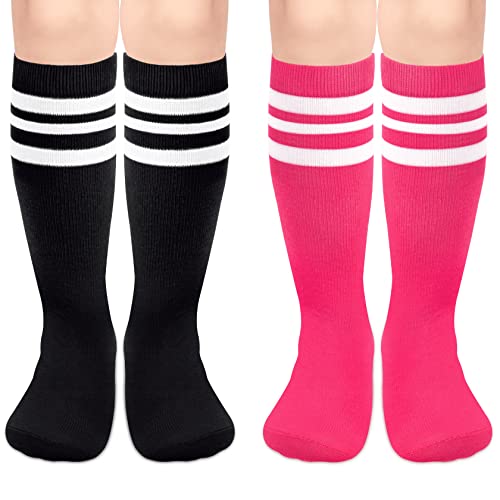 DOOVID Kids Soccer Socks Three Stripes Knee High Socks Cotton Sports Socks  Toddler Boys Girls Uniform Tube Socks Purple White One Size