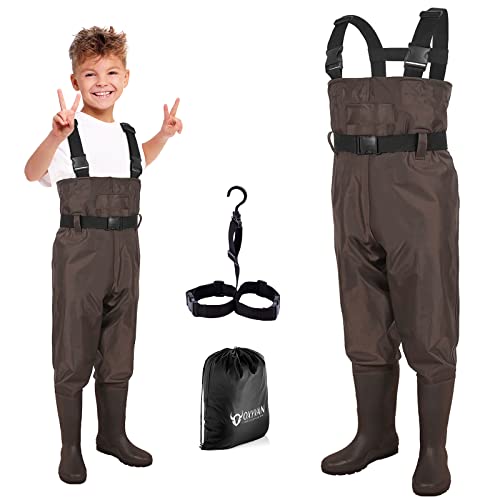 OXYVAN Chest Waders for Kids, Nylon/PVC Waterproof Youth Fishing Waders  with Boots Hanger for Fishing 8/9 Years Old Kids Brown