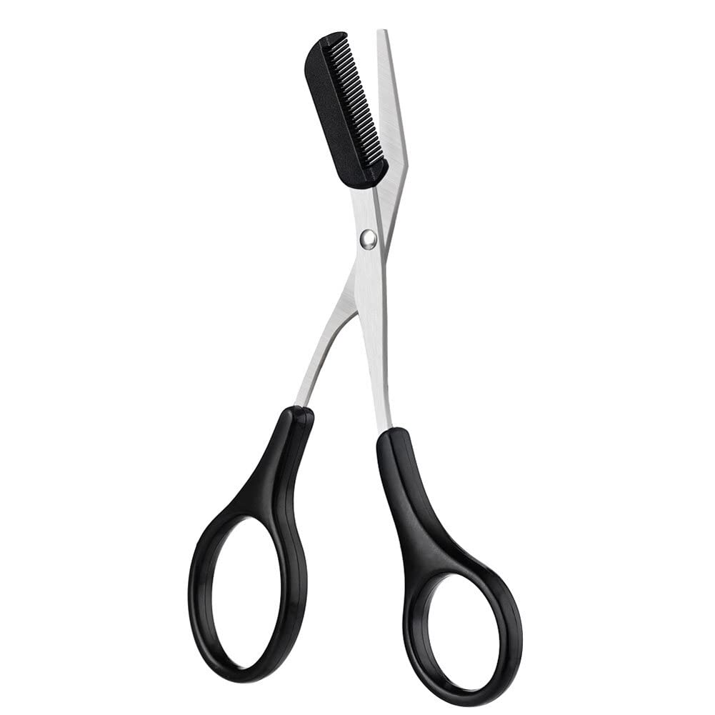 QUUPY Precision Trimmer Eyebrow Shear Scissors Beauty Eyebrow Scissors  Stainless Steel Trimming Scissors Tool with Comb and Non Slip Finger Grips  Black