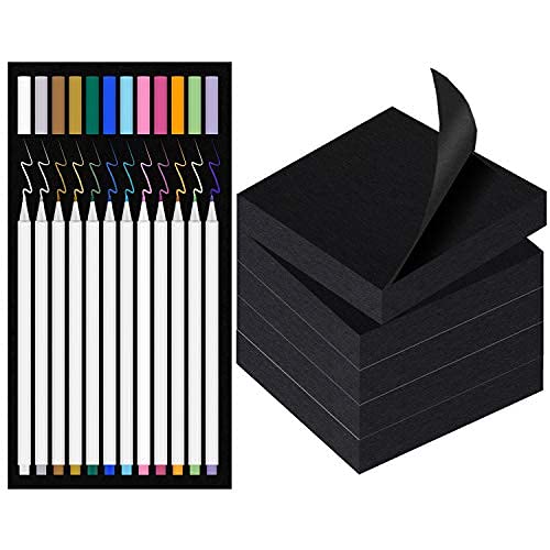 Black Sticky Notes and Gel Pens for Black Paper, 12 Metallic Pens for Black  Paper, Including White Gel Pen, Gold and Silver, 3x3 Unique Sticky Notes  500ct