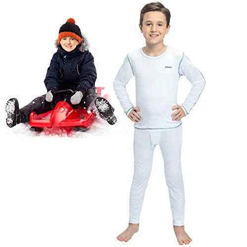 Thermal Underwear for Boys (Thermal Long Johns) Sleeve Shirt & Pants Set,  Base Layer w/Leggings Bottoms Ski/Extreme Cold White Small