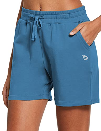 BALEAF Women's 5 Athletic Shorts Cotton Comfy Casual Summer Sweat Workout  Lounge Pull On Jersey Active Shorts Pockets Large Copen Blue