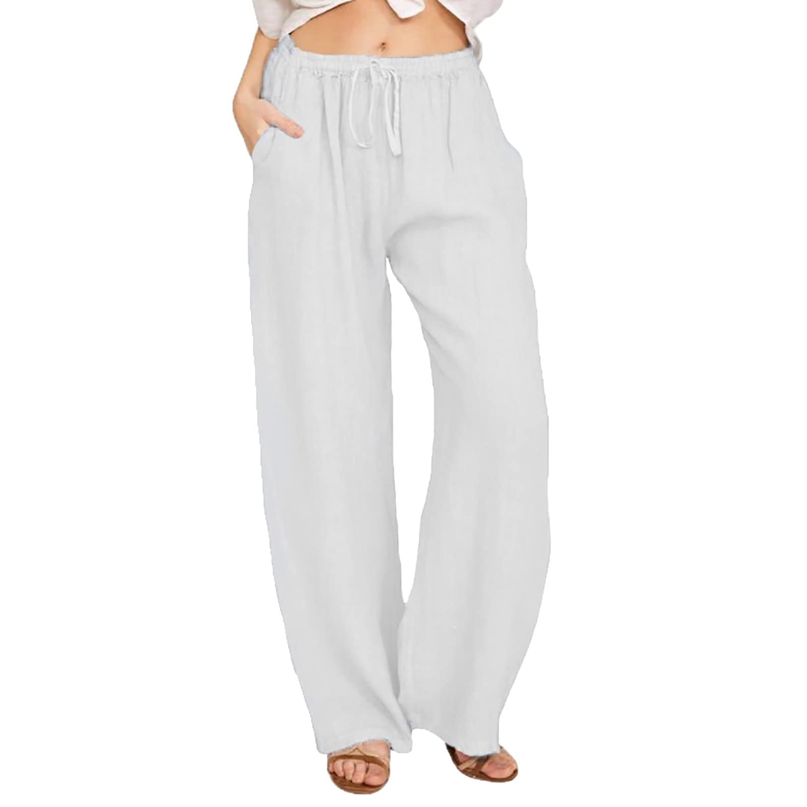 Martmory Women's Casual Cotton Linen Long Pants Elastic Waist Drawstring  Straight Leg Lounge Oceanside Summer Beach