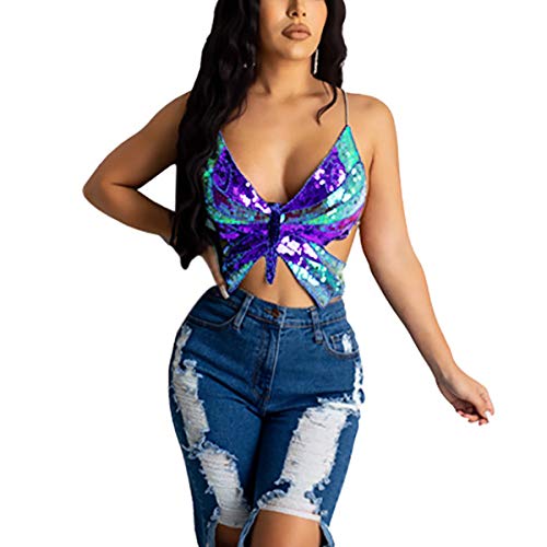 Blue Sequin Crop Top Butterfly Crop Top Festival Bra Festival