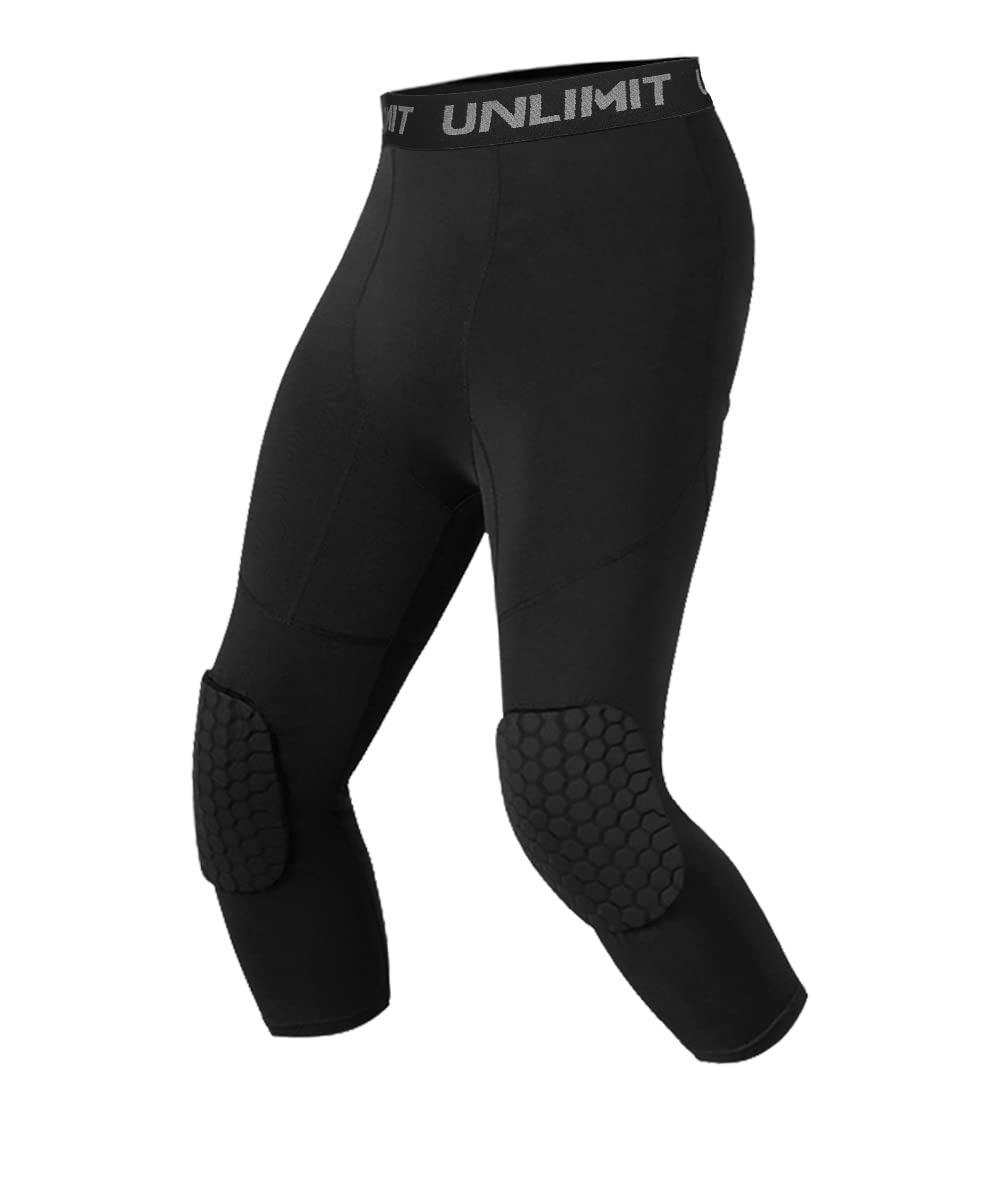 Unlimit for 4-16 yrs, Youth Basketball Pants with Knee Pads, 3/4 Capri Compression  Pants for Boys Black Large