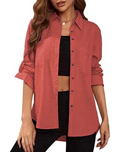 Deer Lady Womens Button Down Shirts Roll Up Long Sleeve Casual Blouse Shirts  Tops Medium Brick Red