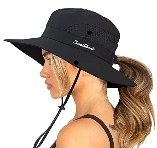 KPWIN Sun Hats for Women, Women's Ponytail Bucket Hat Outdoor UV Protection  Foldable Mesh Wide Brim Beach Fishing Hat (Black) at  Women's  Clothing store