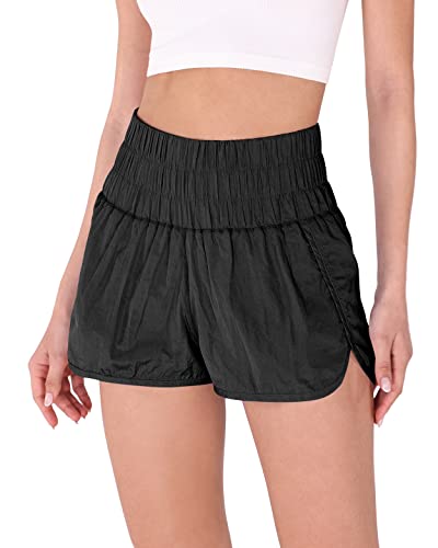 ODODOS Goto Athletic Shorts for Women Elastic High Waisted Quick Dry Sports  Casual Workout Running Shorts Mesh Back Pocket No Liner Medium Black