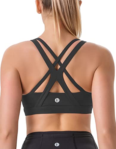 RUNNING GIRL Sports Bra for Women, Medium-High Support Criss-Cross Back  Strappy Padded Sports Bras Supportive Workout Tops A-black Large