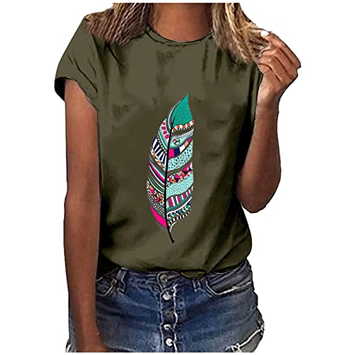 Cute Tops for Women Fashion Summer Feather Graphic Printed Tee Shirts Short  Sleeve O-Neck Loose Fit T-Shirts Blouse Shirts for Women Sexy Casual - Army  Green 3X-Large